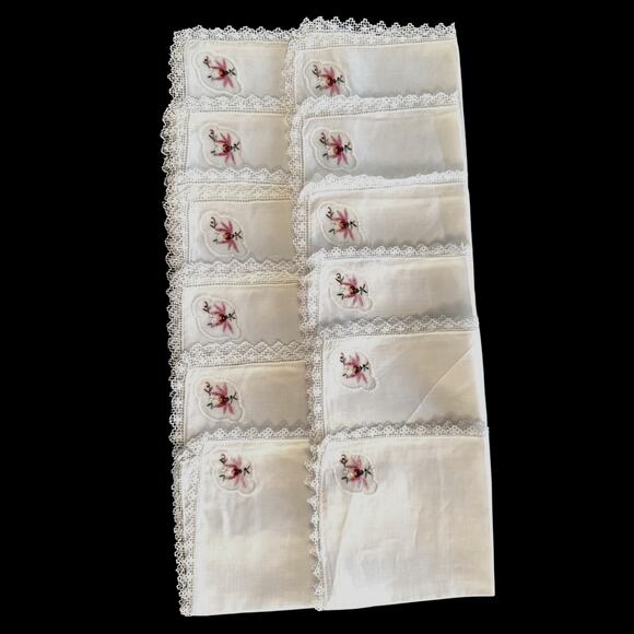 Set of 12 Madeira Linen Napkins White Lace Edge Shadow Appliqué Floral Vintage - Picture 1 of 4